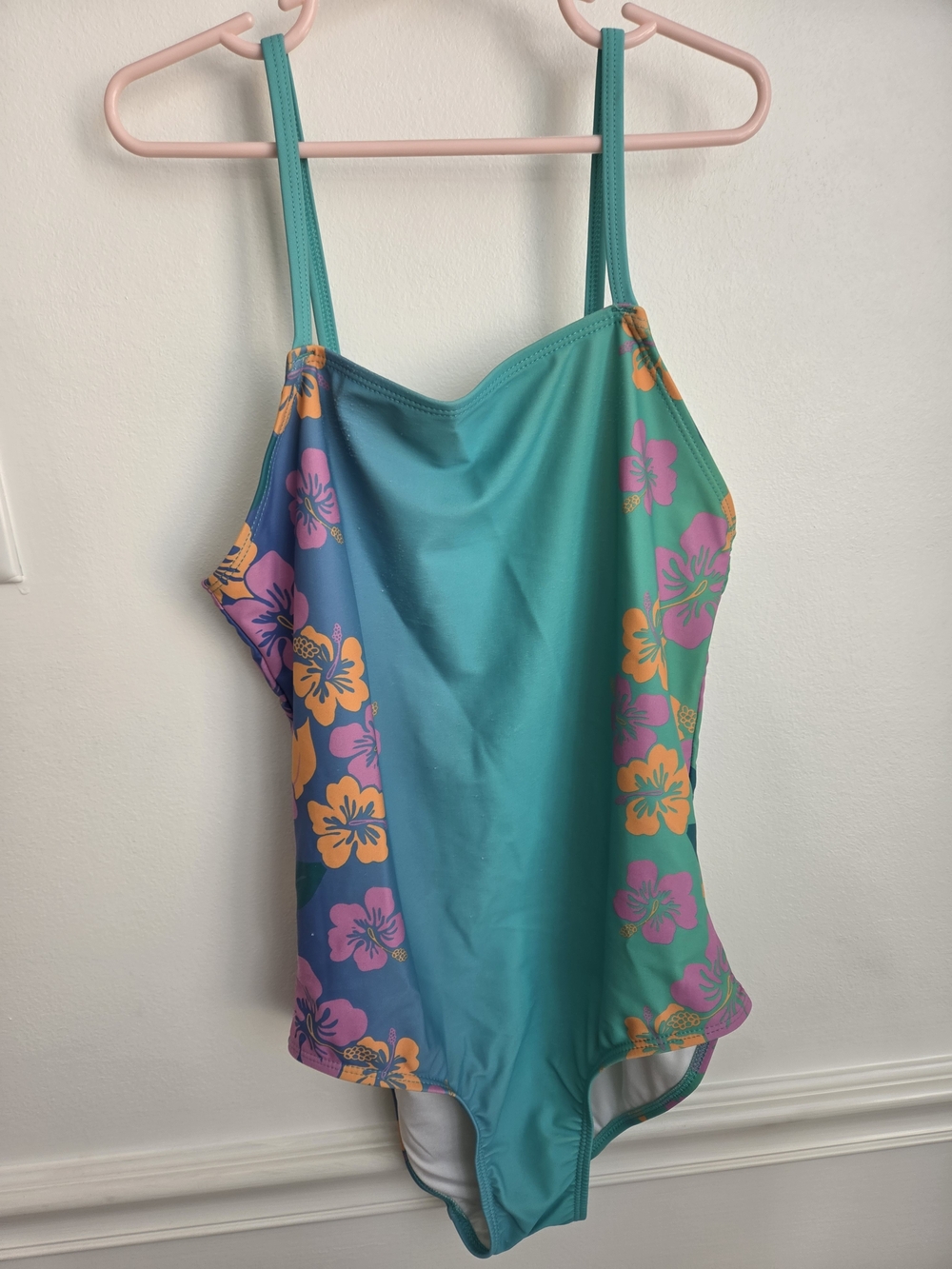 Old Navy Teal One-Piece Swimsuit with Pink & Orange Floral Sides